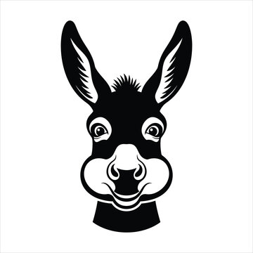 Funny donkey face with puffy cheeks, expressive mule portrait, black and white vector