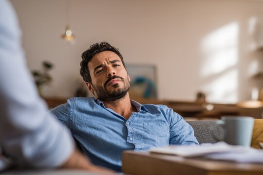 Real-life scene of fatigue and humorous frustration in a man wearing a blue shirt at home