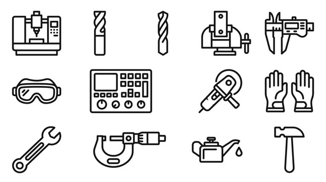 Industrial Tools and Equipment Icons Set - Manufacturing, Engineering, and Machining