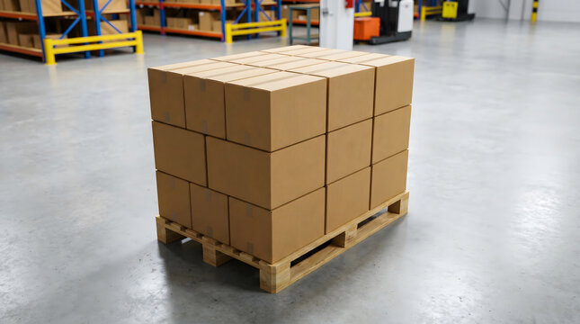 Neatly stacked cardboard boxes on wooden pallet in warehouse storage area