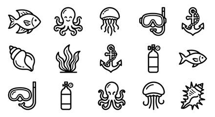 Nautical Icons Set: Fish, Octopus, Jellyfish, Scuba Gear, Anchor, Shell, Seaweed © Brian