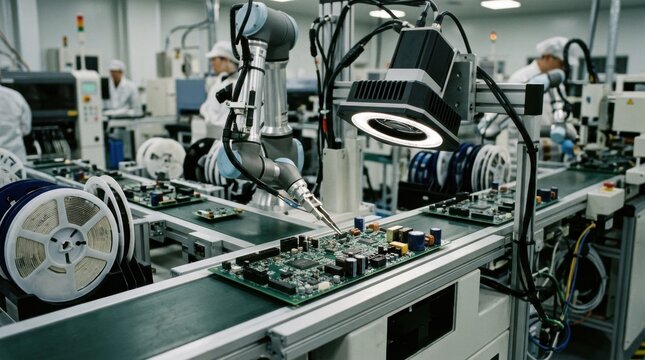 Medium shot capturing hybrid assembly line with AI vision inspecting mixed SMT and throughhole soldering defects and misaligned parts on advanced circuit boards.