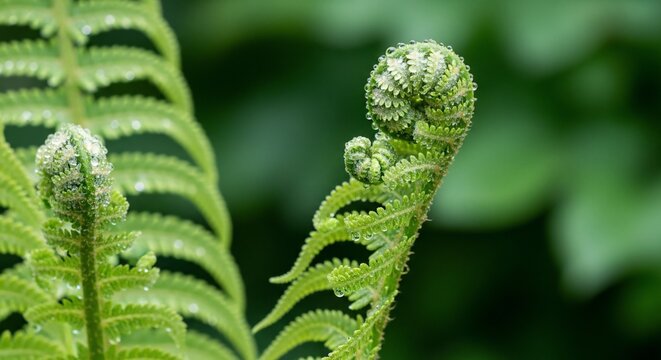 Fresh young green fern fiddleheads unfurling in spring forest.