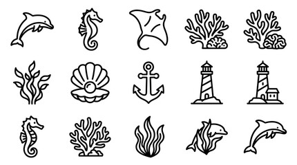 Nautical Icons Set: Dolphin, Seahorse, Stingray, Coral, Lighthouse, Anchor, Shell © Brian