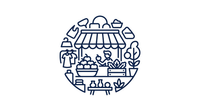 A circular icon depicting a local farmers market stall with fresh produce and goods