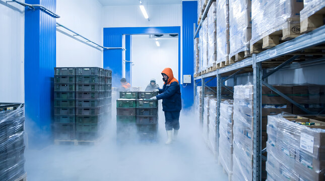 Worker搬运 goods in cold storage warehouse with dense fog and industrial shelving