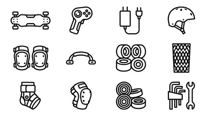 Skateboarding Equipment Icons: Skateboard, Helmet, Controller, Wheels, Tools & Safety Gear © Brian