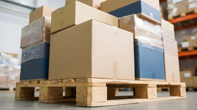 Warehouse wooden pallet stacked with cardboard boxes containing goods