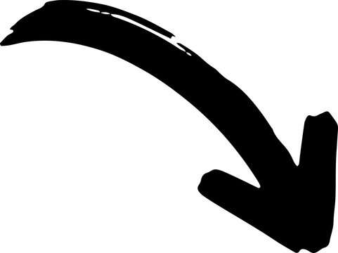 Black curved arrow pointing down direction. Minimalist vector icon for download or decrease sign