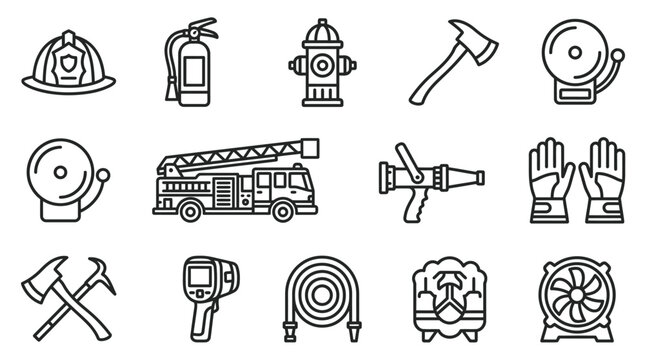 Firefighter Equipment Icons: Helmet, Truck, Hydrant, Axe, Extinguisher, Gloves, Hose, Bell
