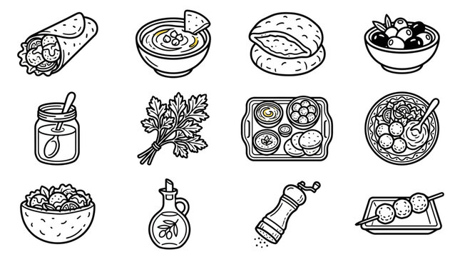 Middle Eastern Food Icons: Hummus, Falafel, Shawarma, Olives, Olive Oil, Pita