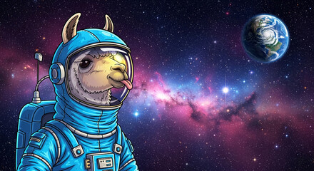 Fototapeta premium Cartoon llama in a blue astronaut suit, tongue out, floats in a colorful galaxy beside Earth, symbolizing space exploration and adventure.
