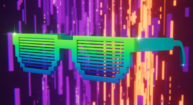Pixelated shutter glasses in a blue-green gradient against a blurred background of neon light streaks, symbolizing retro style, vibrant nightlife, and digital aesthetics