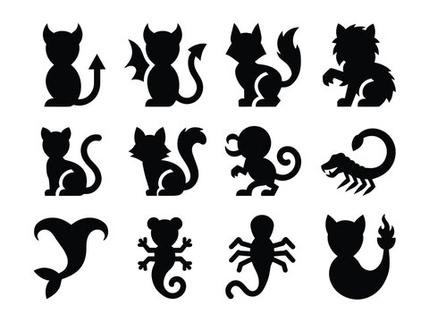 Black silhouettes of various animals and mythical creatures on white background