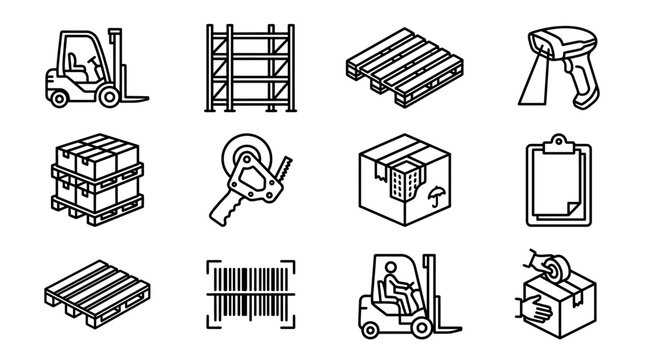 Warehouse logistics icons: forklift, pallet, barcode scanner, boxes, shelves