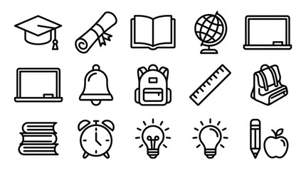 Education Icons Set: Graduation Cap, Diploma, Book, Globe, Laptop, Blackboard, Bell, Backpack, Ruler, Alarm Clock © Brian