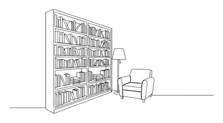 bookshelf and armchair reading corner line drawing © Wieslaw