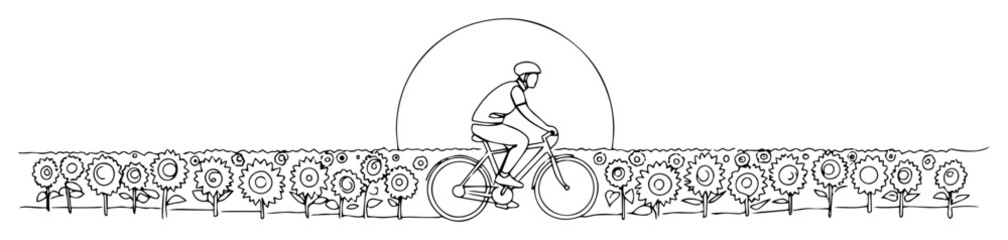 Fototapeta premium man riding bicycle with sun and flowers background