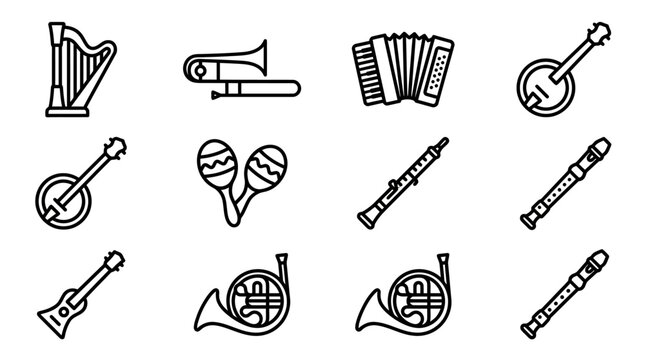 Collection of musical instrument icons: harp, trombone, accordion, banjo, maracas, clarinet, guitar, french horn, recorder