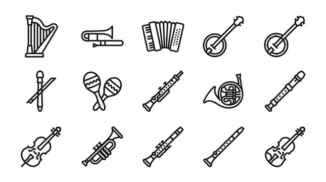 Musical Instruments Icon Set: Vector Graphics of Various Instruments