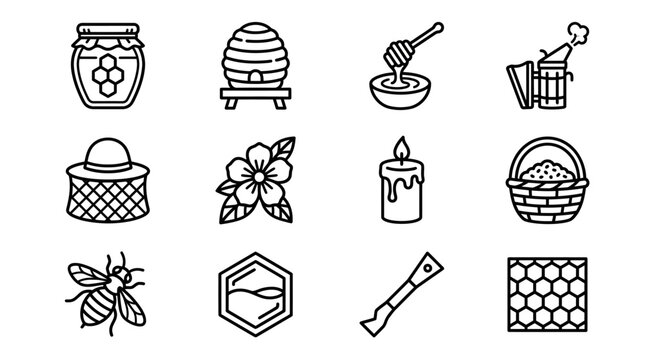 Beehive Icons: Honey Jar, Beekeeper Hat, Bee, Flower, Honeycomb & More