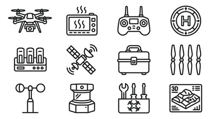 Drone Technology Icons: Quadcopter, Remote, Satellite, Propellers, Weather Vane © Brian