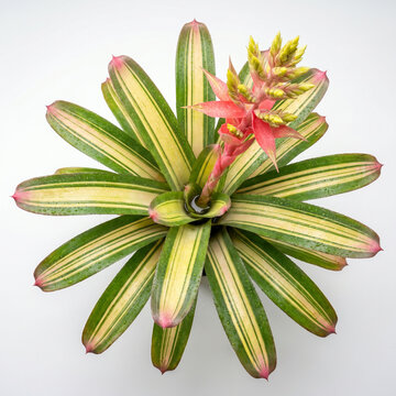 Aechmea Harvey's Pride variegated bromeliad top view with pink yellow flower spike and striped rosette, terrarium paludarium plant on white background