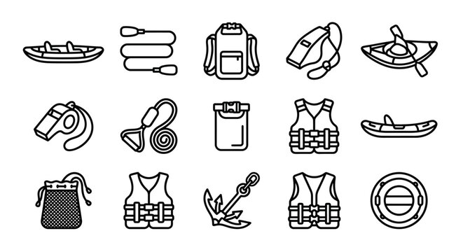 Kayaking and Outdoor Adventure Gear Icons Set: Kayak, Paddle, Backpack, Whistle, Life Vest