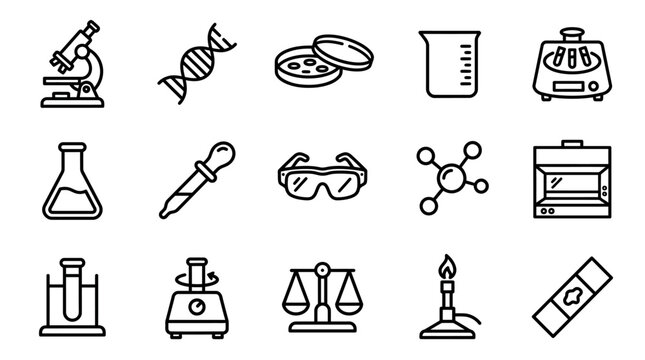 Science Icons Set: Laboratory Equipment, DNA, Microscope, Beaker, Pipette, Bunsen Burner