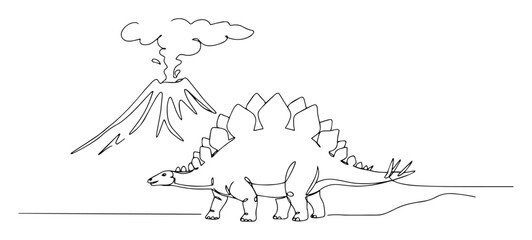 stegosaurus walking past smoking volcano © Wieslaw