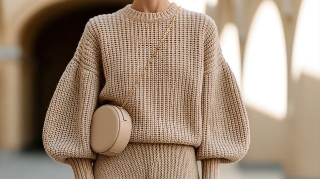 Woman in trendy beige oversized chunky knit sweater fashion with matching handbag