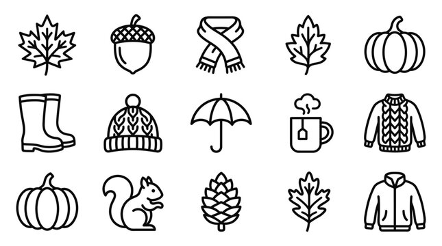 Autumn Season Icons Collection: Leaves, Pumpkin, Acorn, Sweater, Scarf, Boots, Hat, Umbrella, Tea, Squirrel