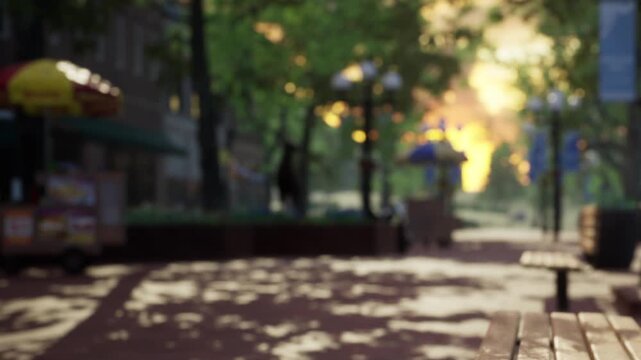 A busy city park has trees and vendors set up. People stroll through the area enjoying the day. Some sit on benches and others walk around chatting. The scene shows daily life in the city.