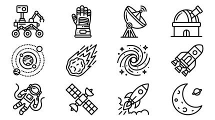 Space Exploration Icons: Rocket, Astronaut, Rover, Satellite, Galaxy, Moon, Planets, Telescope © Brian