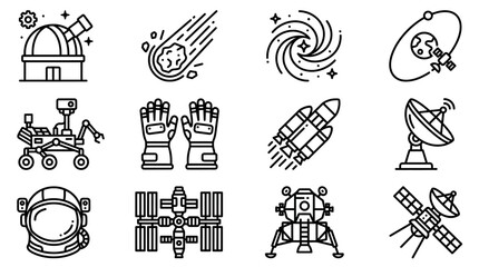 Space Exploration Icons: Astronomy, Planets, Astronauts, Rockets, Satellites © Brian