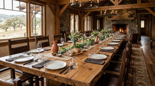 A long wooden table is set for dinner in a rustic room with a fireplace.