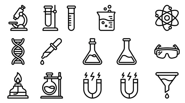 Science Icons Set: Microscope, DNA, Beaker, Test Tube, Magnets, Burner, Dropper, Flasks, Atom