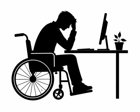 Stressed person in a wheelchair sitting at a computer desk isolated on white background