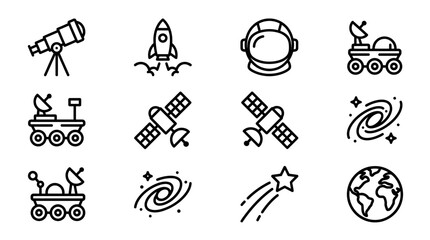 Space exploration icons: Telescope, rocket, astronaut helmet, rover, satellite, galaxy, star, earth © Brian