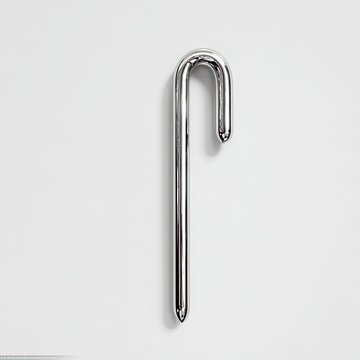 Shiny silver hook with a J-shaped curve against a plain white background
