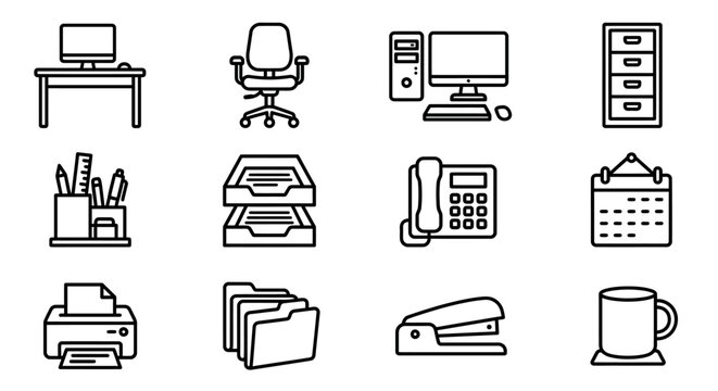 Office Icons Collection: Desk, Chair, Computer, Printer, Calendar, Supplies, Files, Phone