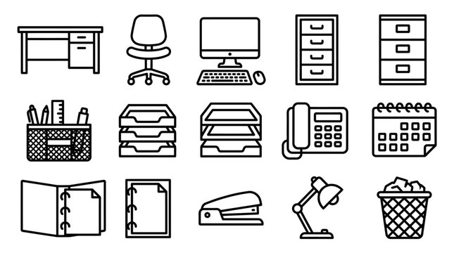 Office Supplies Icons: Desk, Chair, Computer, Calendar, Lamp, Trash Bin