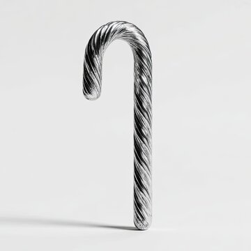 A single, metallic, striped candy cane against a plain background