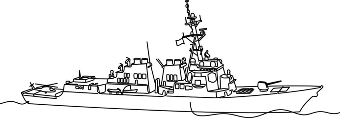 Black and white line drawing of a modern naval warship on the ocean. © gunidea