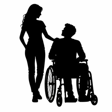 Black silhouette of a woman standing next to a man in a wheelchair isolated on white background