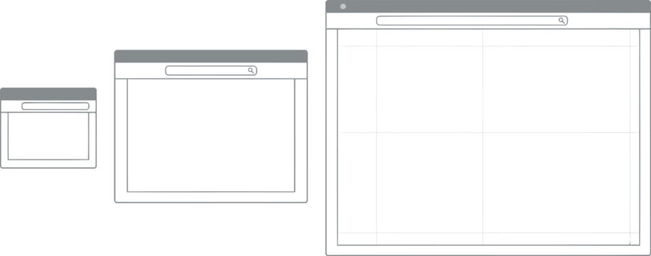 Three minimalist browser windows on blank screen for web design mockups. Empty wireframe templates for UI UX development and digital layout planning.