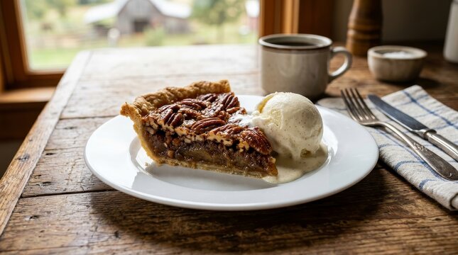 A pecan pie slice with vanilla ice cream sits on a rustic wooden table.