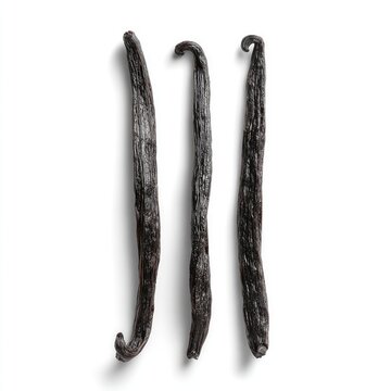Three dried, dark vanilla pods arranged upright on a white background
