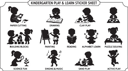 Fototapeta premium Kindergarten play, learn stickers, educational vector icons, black and white