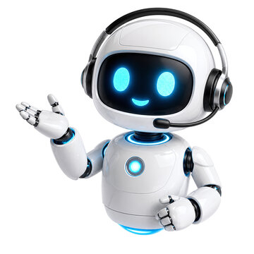 Cute 3D Robot Assistant with Headset Gesturing and Presenting for AI Chatbot, Customer Support and Virtual Help Concepts. Isolated on Transparent Background.
